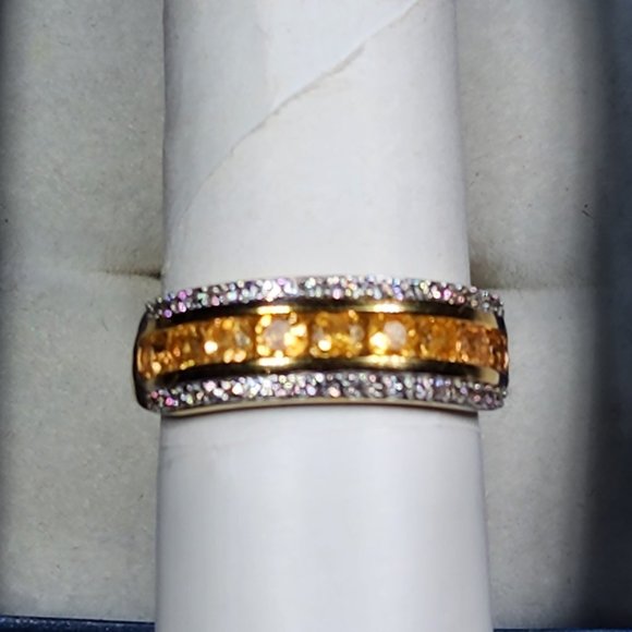 Premium Spessartine Garnet & White Zircon band ring in 14K YG over 925 SS sz 8 - Picture 4 of 6